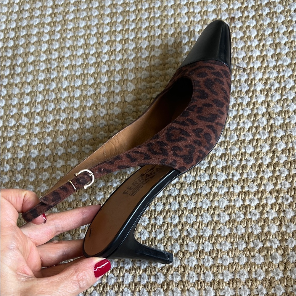 Salvatore Ferragamo Leopard Print Slingback Pumps — Brown/Black